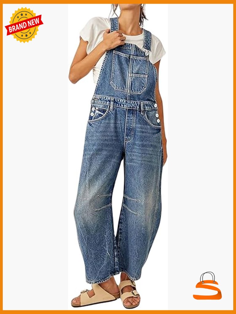 Womens Denim Bib Overalls Barrel Wide Leg Baggy Adjustable Strap Denim Pants